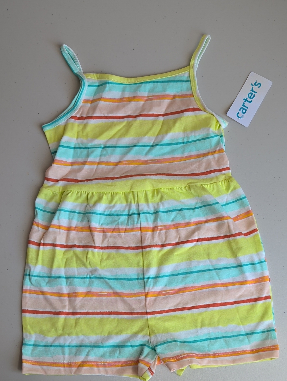 Carter's Yellow Romper with Pastel Pink, Aqua & Orange Stripes